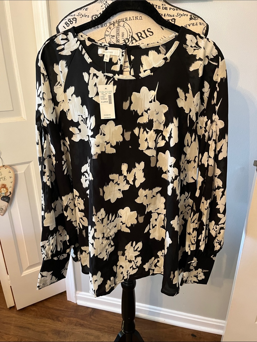 Maurices Black and Cream Floral Long-Sleeve Blouse